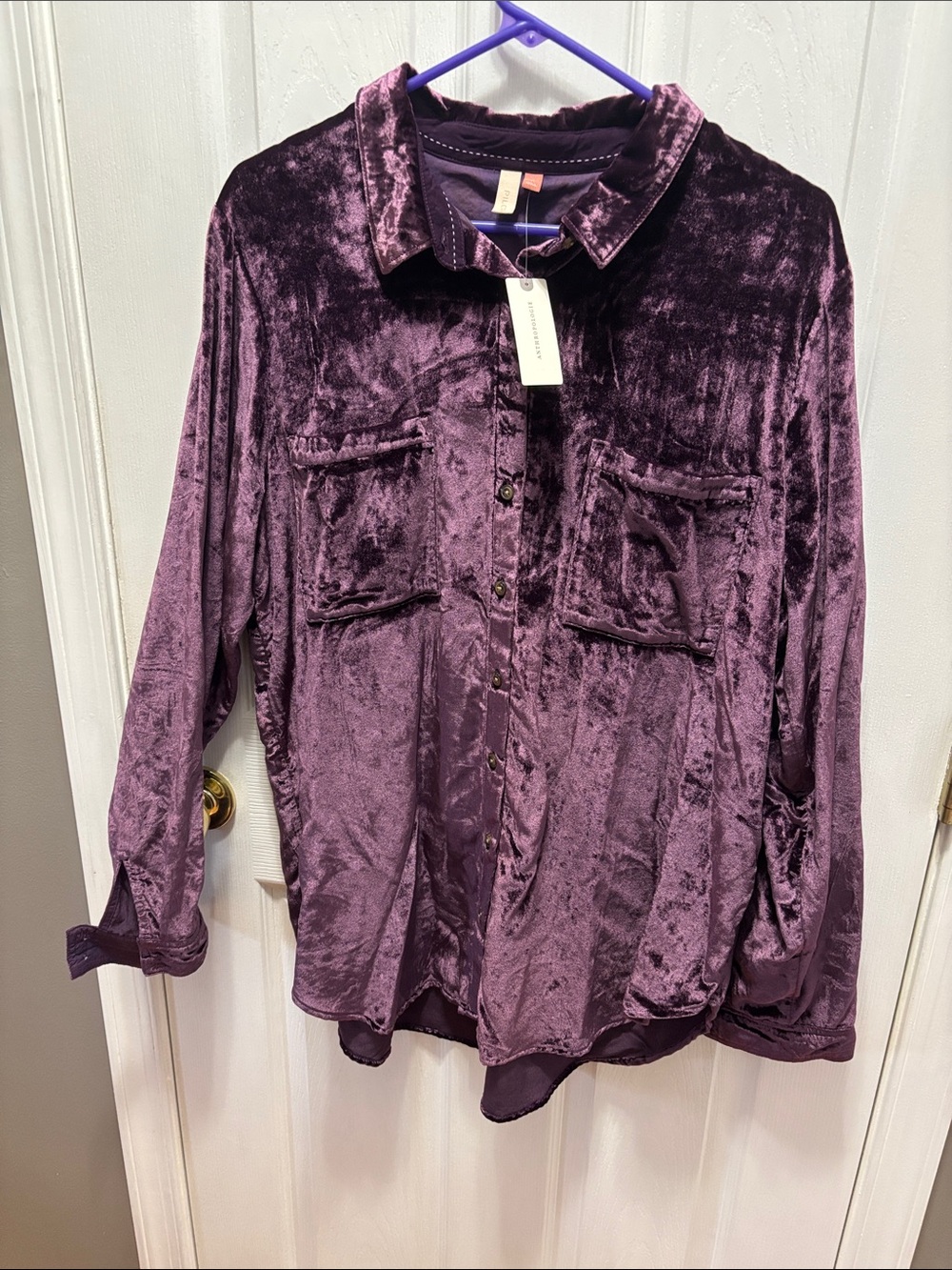 Anthropologie Crushed Velvet Button-Down Shirt in Deep Plum